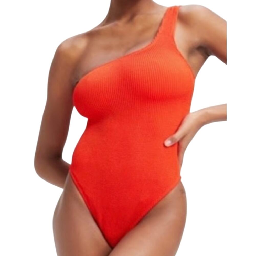 Good American Neon Orange Ribbed One Shoulder One Piece Bathing Swim Suit 1 / 2